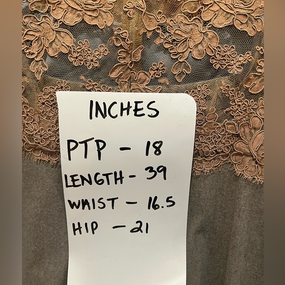 Shannon McLean Tan Gray Flannel Cocktail Dress Lace Bodice Cap Sleeve Size M - Picture 8 of 10